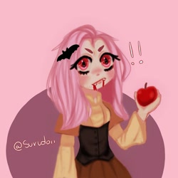 Size: 1080x1080 | Tagged: safe, artist:surudoii, derpibooru import, fluttershy, human, apple, bat ponified, blood, caught, clothes, exclamation point, fangs, female, flutterbat, food, humanized, makeup, race swap, signature, solo, wide eyes