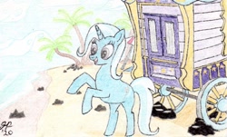 Size: 1280x773 | Tagged: safe, artist:2468mlpappreciate, derpibooru import, trixie, pony, unicorn, beach, female, mare, ocean, palm tree, rearing, rock, solo, traditional art, tree, trixie's wagon