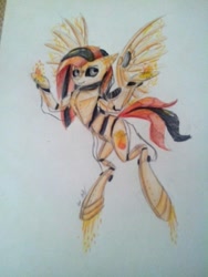 Size: 960x1280 | Tagged: safe, artist:kiwwsplash, derpibooru import, oc, oc only, pegasus, pony, robot, robot pony, flying, glowing hooves, pegasus oc, rocket, solo, traditional art, wings