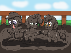 Size: 1200x900 | Tagged: safe, artist:amateur-draw, derpibooru import, apple bloom, scootaloo, sweetie belle, earth pony, pegasus, pony, unicorn, covered in mud, cutie mark crusaders, female, fence, filly, hoofbump, mud, muddy, pig pen, tongue out, wet and messy