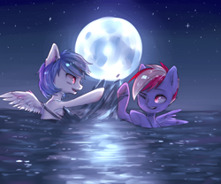 Size: 1920x1600 | Tagged: safe, artist:choipictr, derpibooru import, oc, oc:gentle winds, oc:steam loco, pegasus, pony, commission, cute, male, moonlight, oc x oc, pegasus oc, shipping, splashing, water, wings, ych result