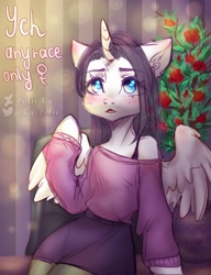 Size: 1280x1664 | Tagged: safe, artist:zefirka, derpibooru import, clothes, commission, flower, horn, rose, skirt, solo, tights, wings, ych example, your character here