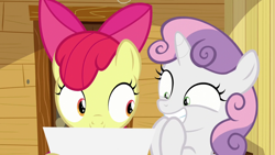 Size: 1920x1080 | Tagged: safe, derpibooru import, screencap, apple bloom, sweetie belle, growing up is hard to do