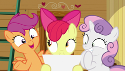 Size: 1920x1080 | Tagged: safe, derpibooru import, screencap, apple bloom, scootaloo, sweetie belle, growing up is hard to do, cutie mark crusaders