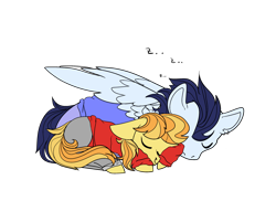 Size: 3034x2204 | Tagged: safe, artist:bublebee123, artist:icey-wicey-1517, color edit, derpibooru import, edit, braeburn, soarin', earth pony, pegasus, pony, collaboration, clothes, colored, ear piercing, earring, eyes closed, gay, jeans, jewelry, male, nose piercing, nose ring, onomatopoeia, pants, piercing, shipping, simple background, sleeping, soarburn, sound effects, stallion, sweater, transparent background, zzz
