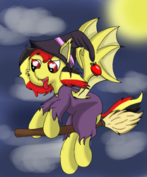 Size: 833x1000 | Tagged: safe, derpibooru import, oc, oc only, oc:chocolate sweets, bat pony, belgium, broom, clothes, costume, flying, flying broomstick, halloween, halloween costume, hat, holiday, solo, tongue out, witch, witch hat