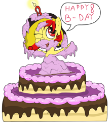 Size: 1200x1371 | Tagged: safe, artist:amateur-draw, derpibooru import, oc, oc:chocolate sweets, belgium, birthday, birthday cake, birthday candle, cake, candle, covered in cake, food, messy, messy eating, messy mane, one eye closed, pie, pied, pop out cake, solo, text, wet and messy, wink, winking at you