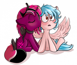 Size: 700x592 | Tagged: safe, artist:whitex, derpibooru import, cozy glow, oc, oc:blazestina, pegasus, pony, unicorn, alternate hairstyle, blushing, canon x oc, female, filly, kiss on the cheek, kissing, lesbian, spread wings, surprise kiss, surprised, wingboner, wings