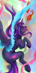 Size: 1920x3840 | Tagged: safe, artist:wilvarin-liadon, derpibooru import, twilight sparkle, twilight sparkle (alicorn), alicorn, fish, pony, female, goldfish, mare, smiling, solo, spread wings, wings