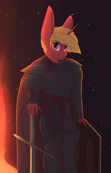 Size: 2300x3600 | Tagged: safe, artist:chapaevv, derpibooru import, oc, oc only, oc:fire bolt, anthro, armor, commission, fire, knight, looking at you, male, sheild, solo, sword, weapon