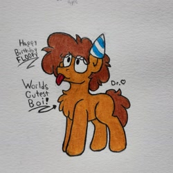 Size: 1775x1775 | Tagged: safe, artist:drheartdoodles, derpibooru import, oc, oc:floofy, birthday, chest fluff, colored, hat, party hat, smiling, tongue out, traditional art