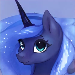 Size: 1024x1024 | Tagged: safe, artist:thisponydoesnotexist, derpibooru import, oc, oc only, pony, unicorn, artificial intelligence, blue background, ethereal mane, female, mare, neural network, not luna, simple background, solo, starry mane