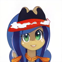 Size: 1024x1024 | Tagged: safe, artist:thisponydoesnotexist, derpibooru import, oc, oc only, earth pony, pony, artificial intelligence, beanie, clothes, female, grin, hat, headband, mare, neural network, scarf, simple background, smiling, solo, white background