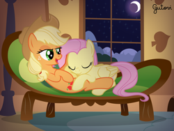 Size: 2668x2001 | Tagged: safe, artist:gutovi, derpibooru import, applejack, fluttershy, earth pony, pegasus, pony, appleshy, cuddling, cute, female, fluttershy's cottage, fluttershy's cottage (interior), lesbian, long description, moon, shipping, shyabetes, sleeping, sofa, vector, window