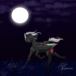 Size: 1000x1000 | Tagged: safe, artist:ohflaming-rainbow, derpibooru import, oc, oc:flaming rainbow, alicorn, pony, alicorn oc, colored wings, female, full moon, horn, mare, moon, multicolored wings, running, solo, wings