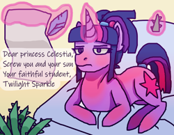 Size: 1800x1400 | Tagged: safe, artist:theedgyduck, derpibooru import, twilight sparkle, unicorn twilight, unicorn, bed, dear princess celestia, female, letter, lying on bed, mare, on bed, ponytail, simple background, solo, sunburn, text