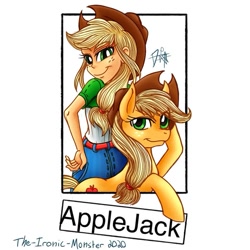 Size: 953x953 | Tagged: safe, alternate version, artist:the_ironic_monster, derpibooru import, applejack, earth pony, pony, equestria girls, clothes, duo, female, freckles, hat, human ponidox, looking back, mare, raised hoof, self ponidox, signature, smiling