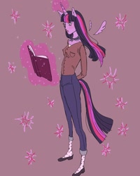 Size: 1080x1350 | Tagged: safe, artist:wacdonals, derpibooru import, twilight sparkle, twilight sparkle (alicorn), alicorn, anthro, plantigrade anthro, arm behind back, book, clothes, female, floating wings, glowing horn, horn, magic, pants, shoes, socks, solo, telekinesis, wings