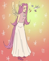 Size: 1080x1350 | Tagged: safe, artist:wacdonals, derpibooru import, fluttershy, anthro, bird, pegasus, plantigrade anthro, abstract background, arm behind back, clothes, dress, female, heart, solo