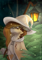 Size: 3307x4677 | Tagged: safe, artist:chrystal_company, derpibooru import, oc, oc only, earth pony, pony, clothes, commission, earth pony oc, hat, lantern, outdoors, raised hoof, solo, tree, wizard hat, ych result