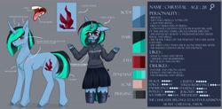 Size: 6378x3150 | Tagged: safe, artist:chrystal_company, derpibooru import, oc, oc only, oc:nightmare chrystal, anthro, pony, unicorn, arm hooves, clothes, colored hooves, crystal, female, jewelry, mare, necklace, open mouth, reference sheet, shrug, skirt, tongue out