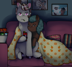 Size: 2445x2268 | Tagged: safe, artist:69beas, derpibooru import, oc, oc only, oc:oliver, oc:theo, earth pony, pony, blanket, candy, chill, colored hooves, couple, cushion, dark, digital art, duo, eating, food, frame, gay, living room, male, picture, relaxed, shipping, sitting, snacks, sofa, stallion, watching tv