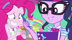 Size: 1920x1080 | Tagged: safe, derpibooru import, screencap, pinkie pie, sci-twi, twilight sparkle, better together, equestria girls, tip toppings