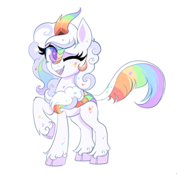Size: 598x588 | Tagged: safe, artist:confetticakez, derpibooru import, oc, oc only, oc:cloudy canvas, kirin, cute, female, kirin oc, looking at you, mare, ocbetes, one eye closed, open mouth, open smile, paint splatter, simple background, smiling, smiling at you, solo, unshorn fetlocks, white background, wink, winking at you
