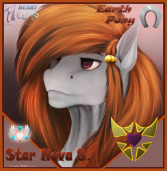 Size: 1249x1281 | Tagged: safe, artist:flareheartmz, derpibooru import, oc, oc:star nova strider, earth pony, pony, bust, cutie mark, jewelry, portrait, solo, text