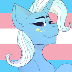 Size: 1024x1024 | Tagged: safe, artist:jayliedoodle, derpibooru import, trixie, pony, unicorn, bust, female, gender headcanon, lgbt headcanon, looking at you, mare, pride, pride flag, smug, solo, stars, trans girl, trans trixie, transgender, transgender pride flag