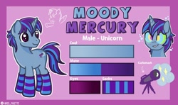 Size: 1280x758 | Tagged: safe, artist:redpalette, derpibooru import, oc, oc only, oc:moody mercury, unicorn, clothes, cute, cutie mark, horn, male, reference sheet, socks, solo, stallion, striped socks, unicorn oc