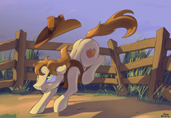 Size: 2400x1661 | Tagged: safe, artist:kam, derpibooru import, braeburn, earth pony, pony, clothes, cowboy hat, fence, hat, male, solo, stallion, vest