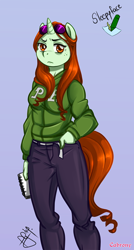 Size: 482x900 | Tagged: safe, alternate version, artist:cabrony, artist:pia-sama, derpibooru import, oc, oc only, oc:sleepy face, anthro, unicorn, collaboration, clothes, cutie mark, digital art, female, freckles, hand in pocket, horn, looking at you, notebook, pants, solo, standing, sunglasses, sweater, tail