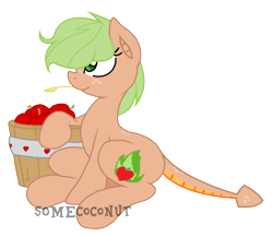 Size: 826x716 | Tagged: safe, artist:somecoconut, derpibooru import, oc, oc only, oc:apple wildfire, dracony, hybrid, apple, apple basket, base used, dragon tail, female, food, freckles, interspecies offspring, mare, offspring, parent:applejack, parent:spike, parents:applespike, simple background, sitting, solo, straw in mouth, transparent background