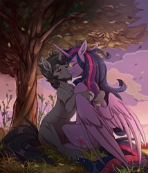 Size: 2567x3000 | Tagged: safe, artist:1an1, derpibooru import, princess twilight 2.0, twilight sparkle, twilight sparkle (alicorn), oc, oc:iratus arcana, alicorn, unicorn, the last problem, blushing, canon x oc, complex background, cute, female, hug, kissing, leaves, male, mare, outdoors, shipping, sitting, stallion, tree, twiratus