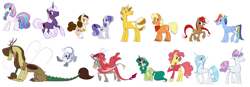 Size: 7472x2608 | Tagged: safe, artist:varwing, derpibooru import, li'l cheese, princess flurry heart, oc, oc:apple jam, oc:athena (varwing), oc:berry brown, oc:clear, oc:glory, oc:ida red, oc:leaflitter, oc:pacifica rose, oc:purple dusk, oc:spring blossom, donkey, draconequus, dragon, earth pony, griffon, hybrid, kirin, pegasus, pony, unicorn, the last problem, absurd resolution, female, interspecies offspring, male, mare, offspring, older, parent:applejack, parent:bellhop pony, parent:discord, parent:donut joe, parent:fancypants, parent:flash sentry, parent:fleur-de-lis, parent:fluttershy, parent:rarity, parent:surprise, parent:trenderhoof, parent:twilight sparkle, parents:discoshy, parents:fancyfleur, parents:flashlight, parents:trenderjack, simple background, stallion, white background