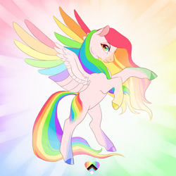 Size: 1280x1280 | Tagged: safe, artist:creeate97, derpibooru import, oc, oc only, pegasus, pony, bipedal, colored hooves, colored wings, heart, multicolored hair, multicolored wings, pride, rainbow hair, rainbow wings, rearing, solo, wings