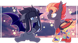 Size: 2682x1491 | Tagged: safe, artist:harmony bell, artist:rerorir, derpibooru import, oc, oc only, bat pony, pony, base used, commission, female, looking at each other, male, mare, stallion, ych result