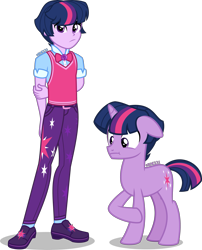 Size: 3233x4000 | Tagged: safe, artist:orin331, derpibooru import, dusk shine, sci-dusk, sci-twi, twilight sparkle, pony, unicorn, equestria girls, :t, arm behind back, bowtie, clothes, cutie mark, cutie mark on clothes, equestria girls ponified, equestria guys, floppy ears, geode of telekinesis, high res, human ponidox, magical geodes, pants, raised hoof, rule 63, self paradox, self ponidox, simple background, solo, transparent background, unicorn sci-dusk, unicorn sci-twi