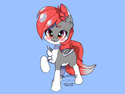 Size: 1600x1200 | Tagged: safe, artist:paranoid_siren, derpibooru import, oc, oc only, pegasus, pony, blue background, blushing, chest fluff, ear fluff, female, mare, pegasus oc, raised hoof, simple background, socks (coat marking), solo, wings