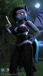 Size: 2160x3840 | Tagged: safe, artist:shadowboltsfm, derpibooru import, oc, oc:midnight grave, anthro, bat pony, plantigrade anthro, 3d, 4k, bat pony oc, bat wings, black nail polish, breasts, clothes, gun, hand on hip, looking at you, moon, night, smiling, source filmmaker, standing, weapon, wings