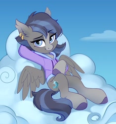 Size: 3849x4096 | Tagged: safe, artist:taneysha, derpibooru import, oc, oc only, pegasus, pony, clothes, female, hoodie, leaning, leaning back, looking at you, mare, on a cloud, solo
