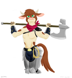 Size: 2600x2800 | Tagged: safe, artist:rockhoppr3, derpibooru import, arizona cow, anthro, cow, them's fightin' herds, armor, axe, bandana, barbie doll anatomy, bracer, breasts, chainmail, clothes, fantasy class, featureless breasts, female, looking at you, partial nudity, rope, solo, topless, weapon