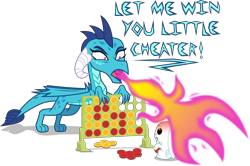 Size: 6969x4614 | Tagged: safe, artist:kmlp, derpibooru exclusive, derpibooru import, angel bunny, princess ember, dragon, rabbit, angry, animal, connect four, fire, simple background, sore loser, this will end in death, transparent background, vector