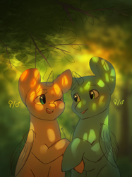 Size: 2150x2876 | Tagged: safe, artist:klooda, derpibooru import, pony, advertisement, advertising, any gender, any race, commission, couple, cute, detailed, detailed background, forest, forest background, halfbody, happy, holding hooves, leaf, leaves, looking at each other, one eye closed, open mouth, smiley face, smiling, stallion, tree, wink, ych example, your character here
