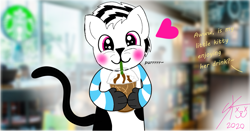 Size: 1769x929 | Tagged: safe, artist:official_dj_scr4tchk4t, derpibooru import, oc, oc:caramel swirl, oc:scr4tchk4t, cat, cat pony, original species, blushing, clothes, coffee, coffee cup, cup, cute, dialogue, femboy, frappuccino, heart, male, paws, purring, sipping, socks, starbucks, striped socks