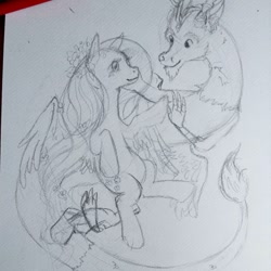 Size: 1080x1080 | Tagged: safe, artist:tajee_art, derpibooru import, discord, fluttershy, draconequus, pegasus, pony, discoshy, female, flower, flower in hair, lineart, looking at each other, male, mare, shipping, smiling, straight, traditional art