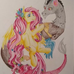 Size: 1080x1080 | Tagged: safe, alternate version, artist:tajee_art, derpibooru import, discord, fluttershy, draconequus, pegasus, pony, discoshy, female, flower, flower in hair, looking at each other, male, mare, shipping, smiling, straight, traditional art