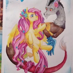 Size: 1080x1080 | Tagged: safe, alternate version, artist:tajee_art, derpibooru import, discord, fluttershy, draconequus, pegasus, pony, discoshy, female, flower, flower in hair, looking at each other, male, mare, shipping, smiling, straight, traditional art