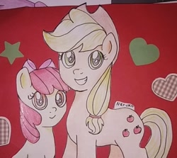 Size: 687x612 | Tagged: safe, artist:wrath-marionphauna, derpibooru import, apple bloom, applejack, earth pony, pony, applejack's hat, bow, colored pencil drawing, cowboy hat, female, hair bow, hat, siblings, sisters, smiling, traditional art